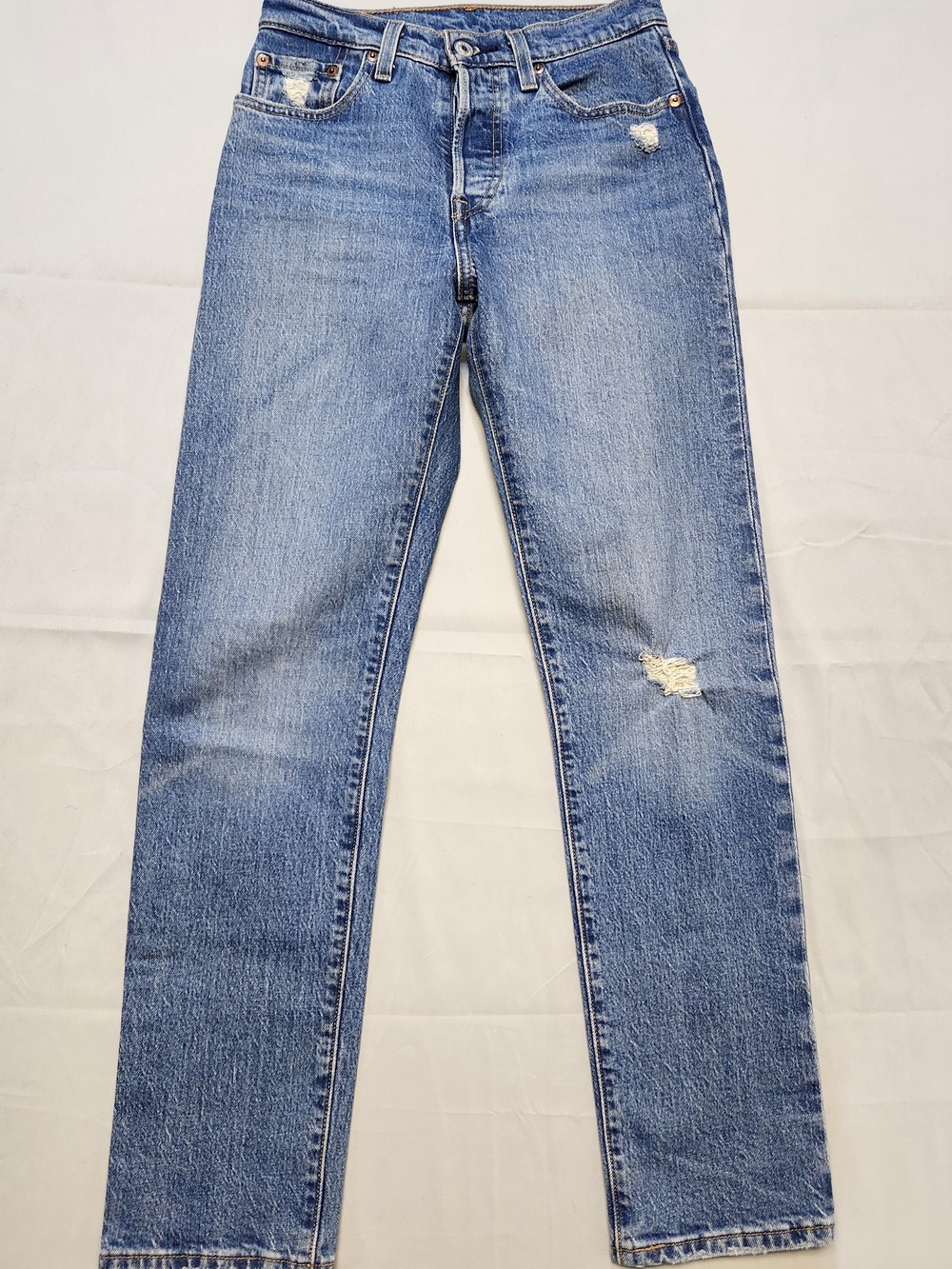 Levis 501 Jeans Womens 24x30 Blue Medium Wash Mid Rise Button Fly Distressed